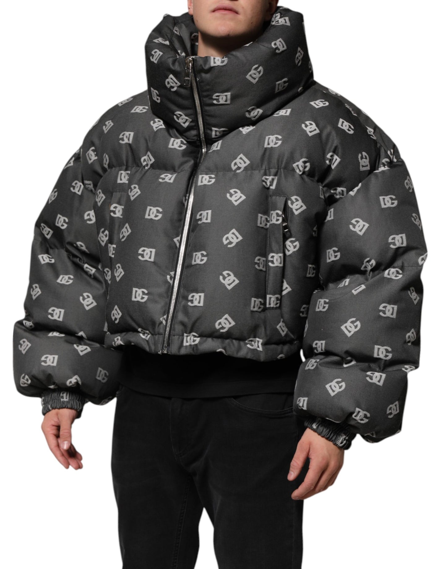 Dolce & Gabbana Black DG Monogram Full Zip Puffer Men Jacket