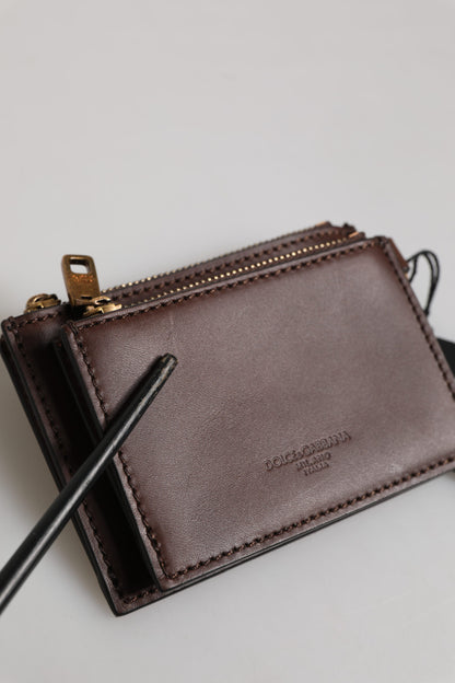 Portefeuille Dolce & Gabbana en cuir de veau marron avec logo et porte-clés zippé pour homme