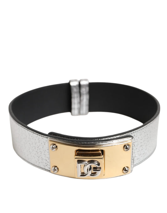 Dolce &amp; Gabbana Zilveren Gestructureerde Leren Gouden Metalen Halsband