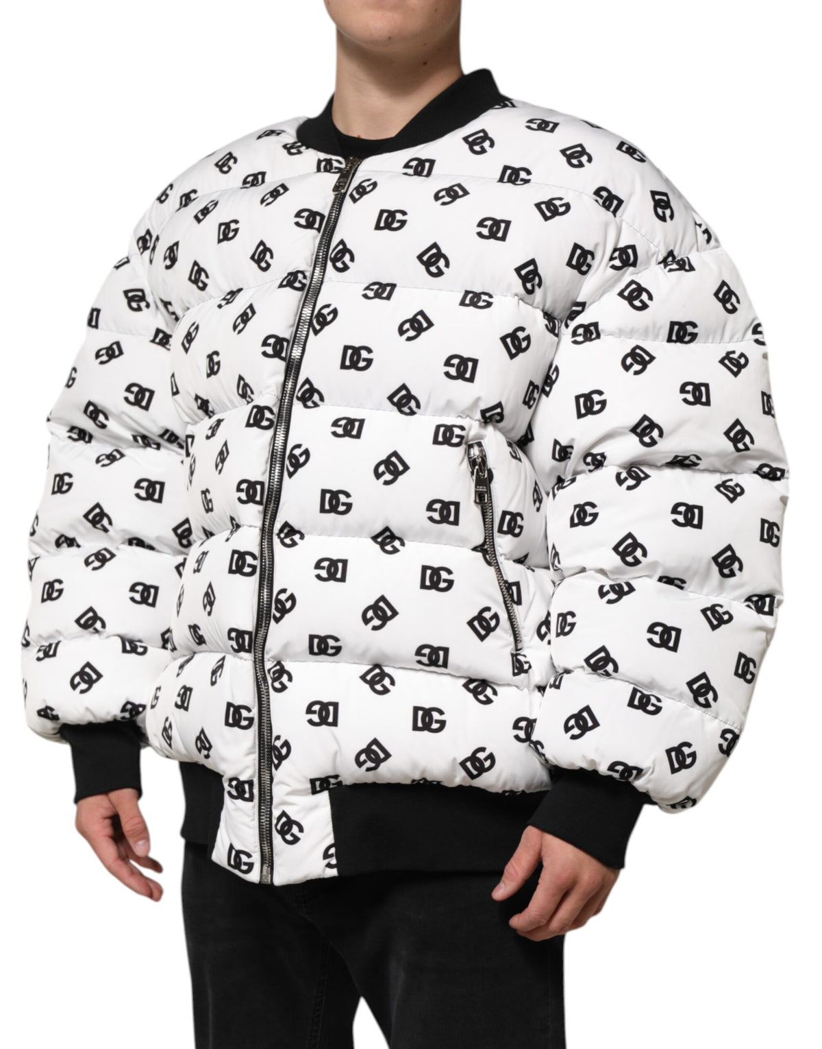 Veste matelassée à fermeture éclair intégrale blanche avec monogramme DG de Dolce & Gabbana