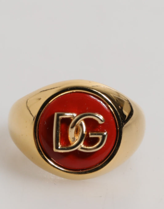 Dolce &amp; Gabbana Goudkleurige Echte Messing Rode DG Logo Herenring