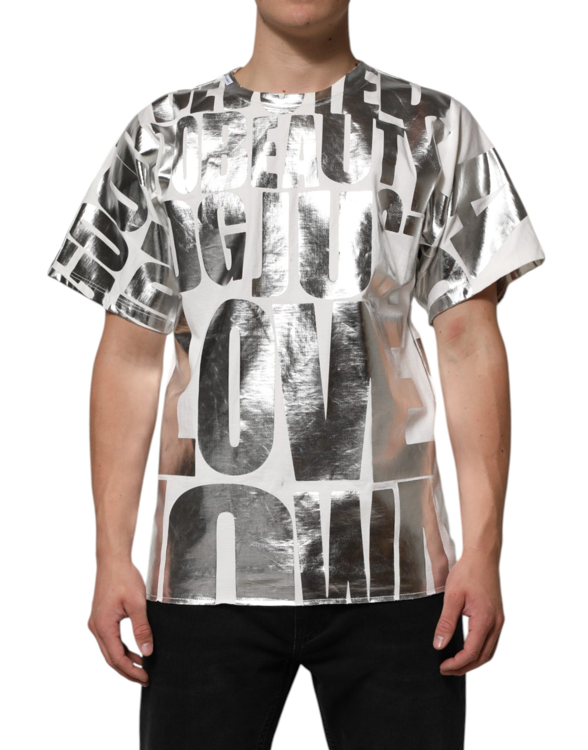 T-shirt en coton à col rond blanc avec imprimé métallisé de Dolce &amp; Gabbana