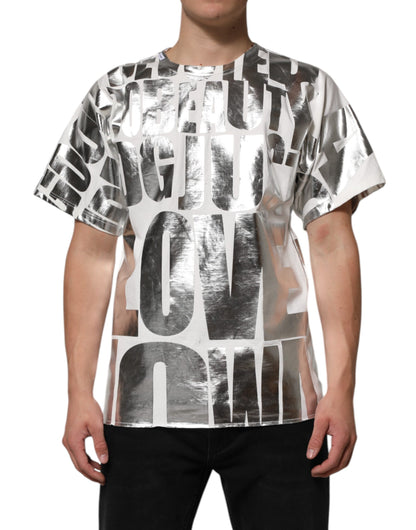 T-shirt en coton à col rond blanc avec imprimé métallisé de Dolce &amp; Gabbana