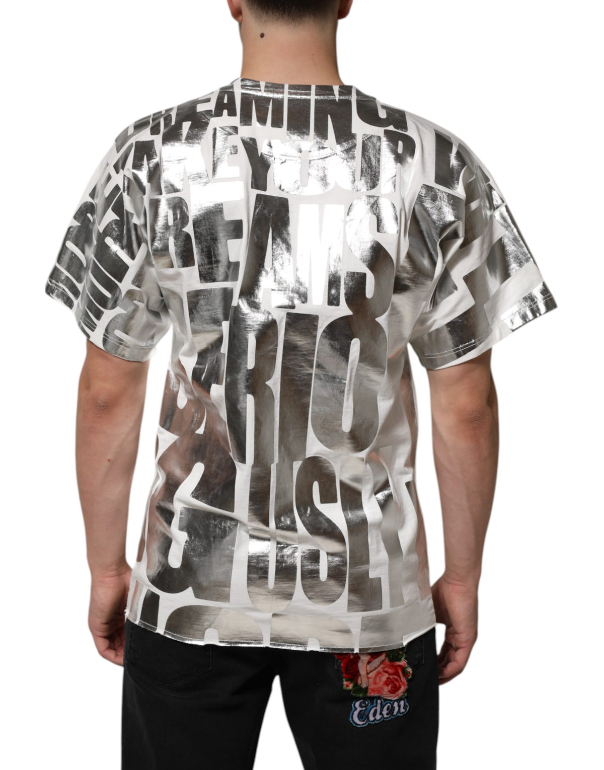 T-shirt en coton à col rond blanc avec imprimé métallisé de Dolce &amp; Gabbana