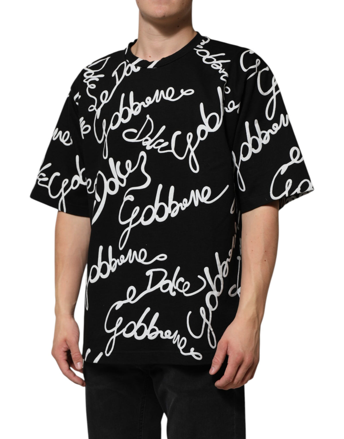 T-shirt en coton à col rond noir avec imprimé du logo Dolce &amp; Gabbana
