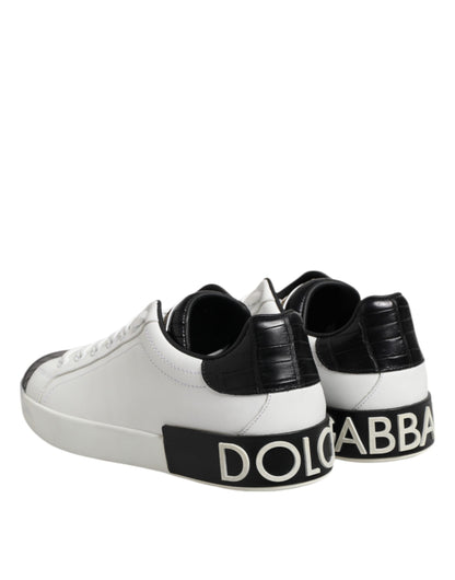Dolce & Gabbana White Black Leather Portofino Sneaker Shoes