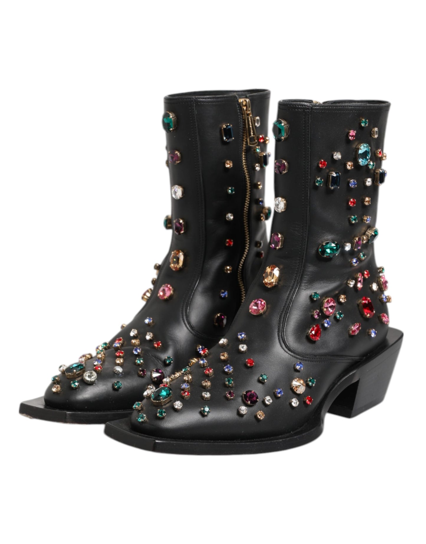 Dolce & Gabbana Black Crystal Cowboy Leather Men Boots Shoes
