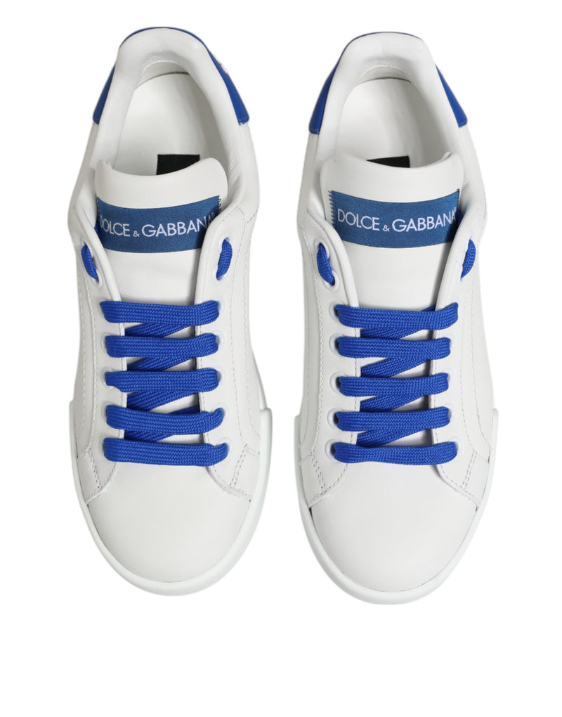 Dolce & Gabbana White Blue Leather Low Top Sneakers
