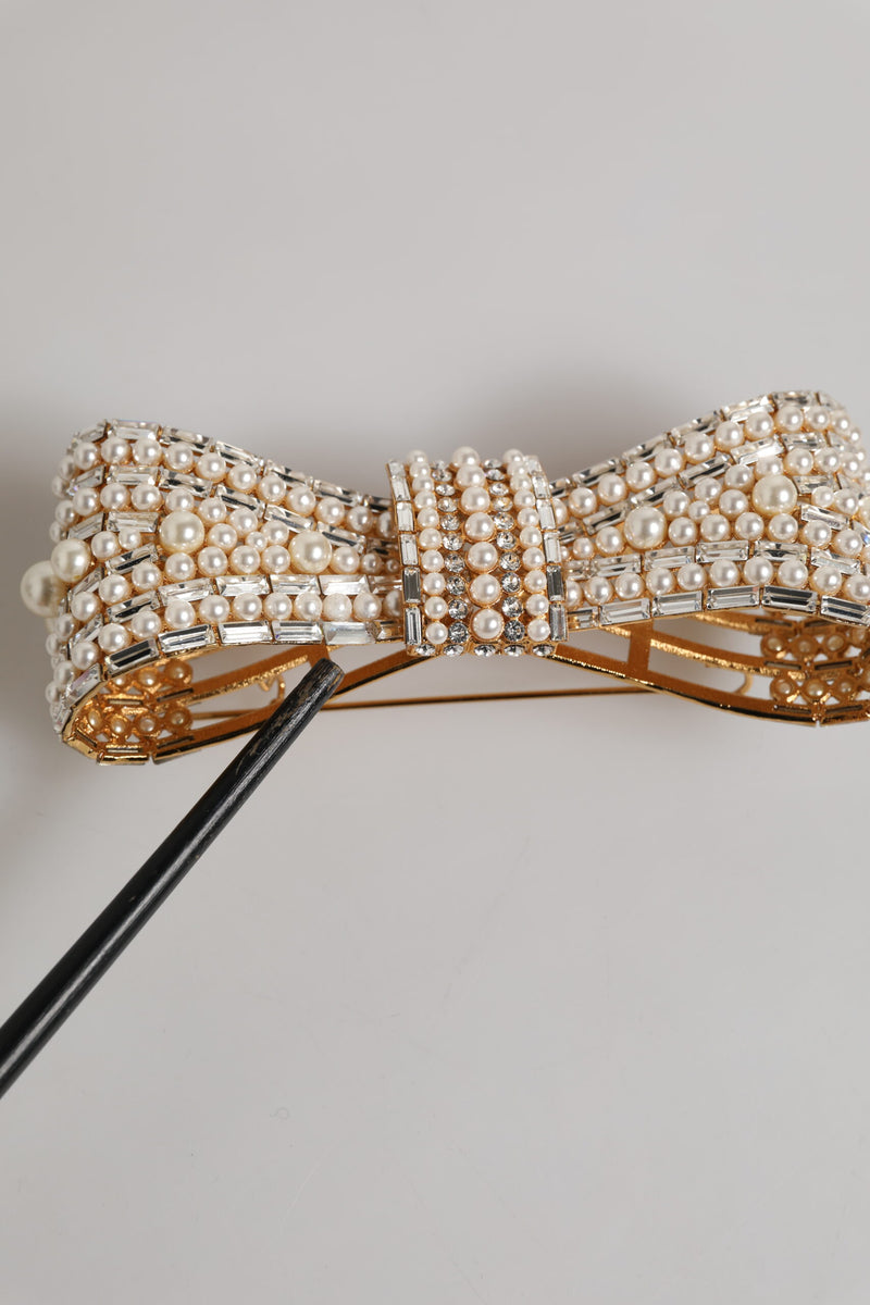 Dolce & Gabbana Gold Tone Brass Bow Crystal Faux Pearl Brooch