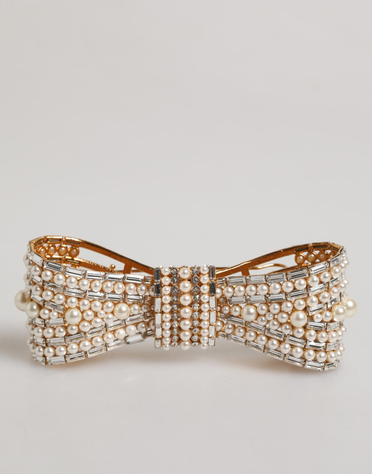 Dolce & Gabbana Gold Tone Brass Bow Crystal Faux Pearl Brooch