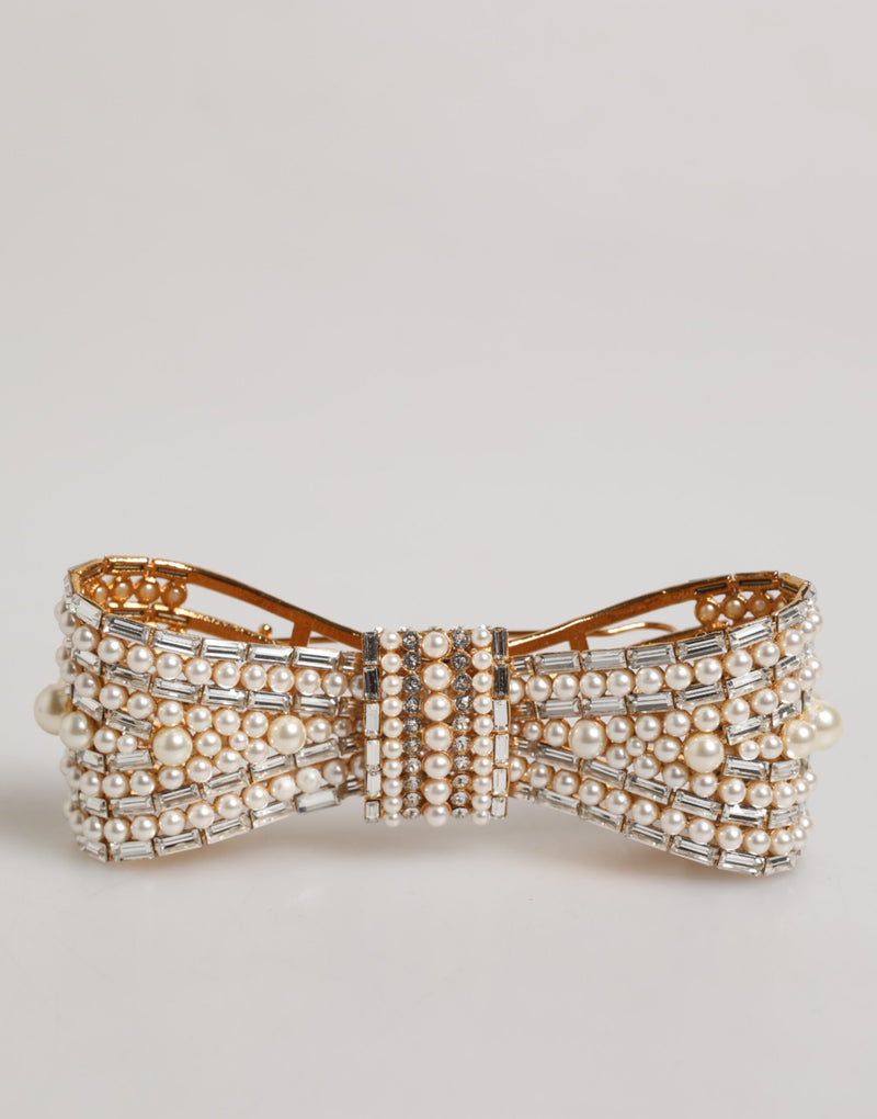 Dolce & Gabbana Gold Tone Brass Bow Crystal Faux Pearl Brooch