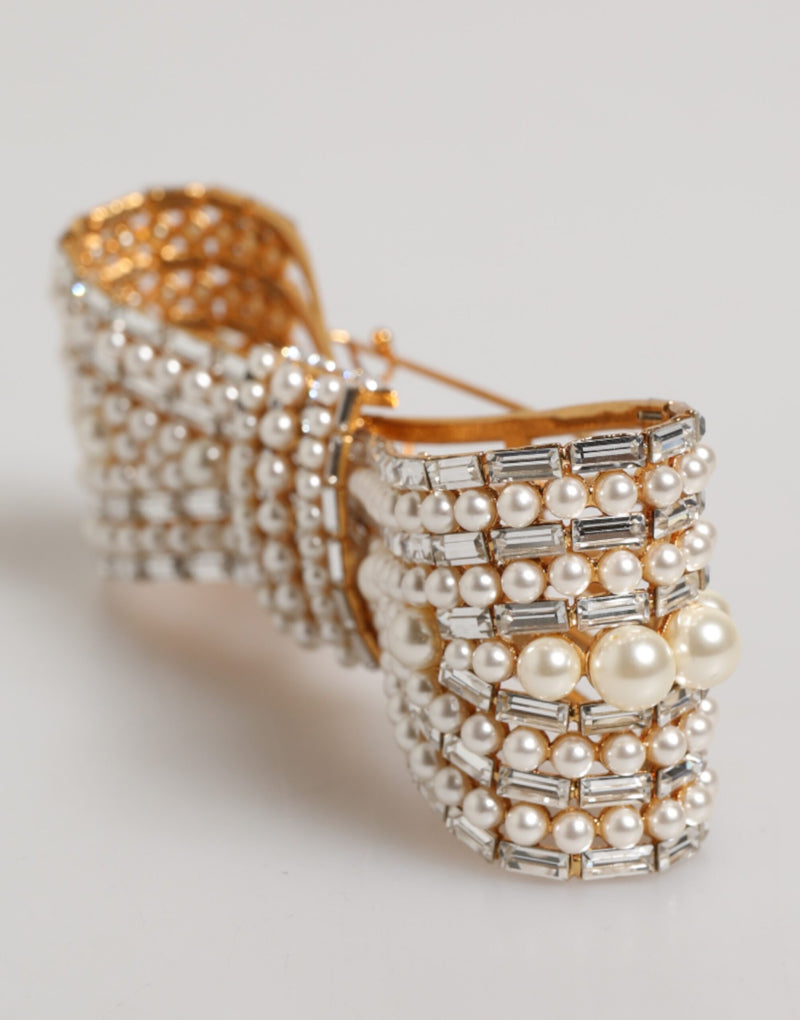 Dolce & Gabbana Gold Tone Brass Bow Crystal Faux Pearl Brooch