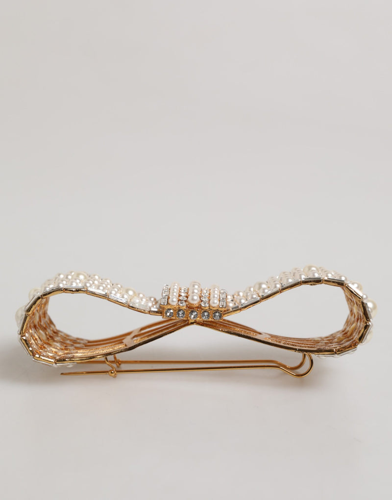 Dolce & Gabbana Gold Tone Brass Bow Crystal Faux Pearl Brooch