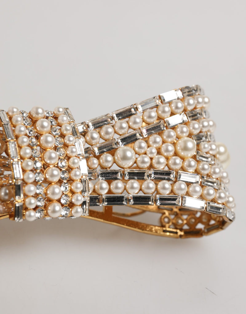 Dolce & Gabbana Gold Tone Brass Bow Crystal Faux Pearl Brooch