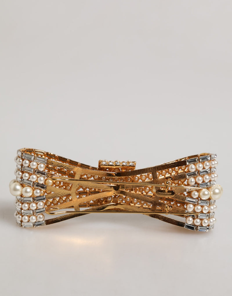 Dolce & Gabbana Gold Tone Brass Bow Crystal Faux Pearl Brooch