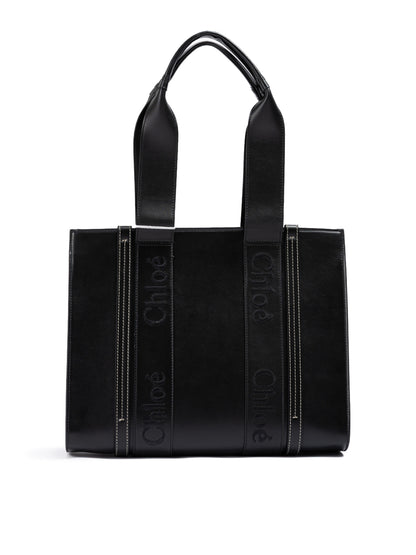 Chloé Zwarte Woody Leren Medium Tote Bag met Geborduurd Logo