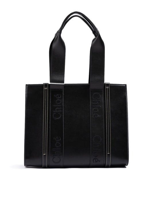 Chloé Zwarte Woody Leren Medium Tote Bag met Geborduurd Logo
