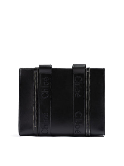Chloé Zwarte Woody Leren Medium Tote Bag met Geborduurd Logo