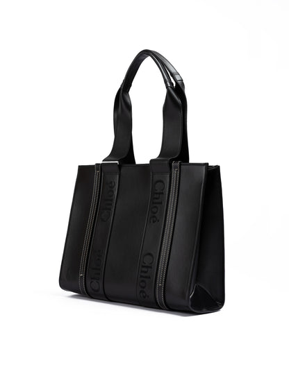 Chloé Zwarte Woody Leren Medium Tote Bag met Geborduurd Logo
