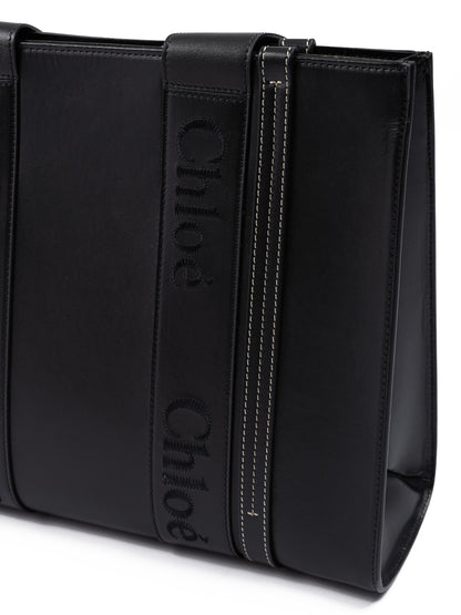 Chloé Zwarte Woody Leren Medium Tote Bag met Geborduurd Logo