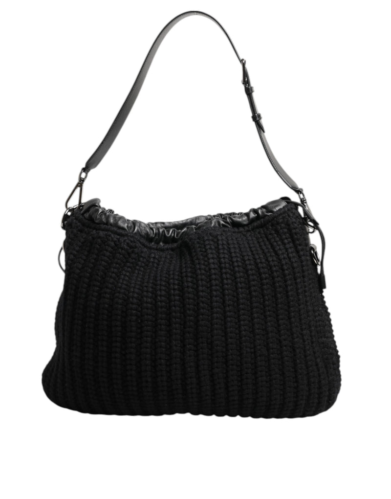 Dolce & Gabbana Black Cashmere Knitted Leather Shoulder Bag