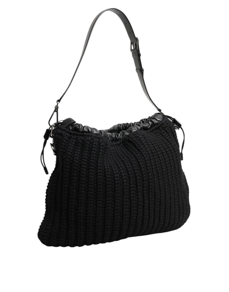 Dolce & Gabbana Black Cashmere Knitted Leather Shoulder Bag