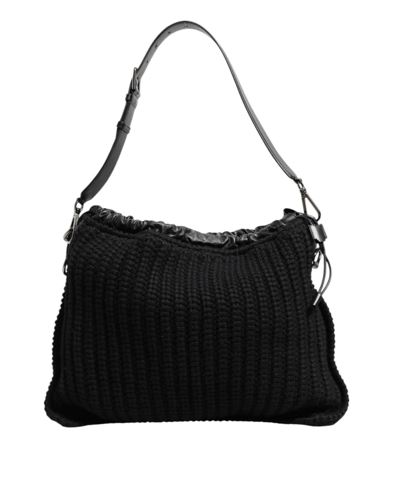 Dolce & Gabbana Black Cashmere Knitted Leather Shoulder Bag