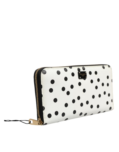 Dolce & Gabbana White Black Dotted Leather Zip Around Continental Wallet