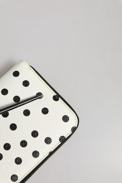 Dolce & Gabbana White Black Dotted Leather Zip Around Continental Wallet
