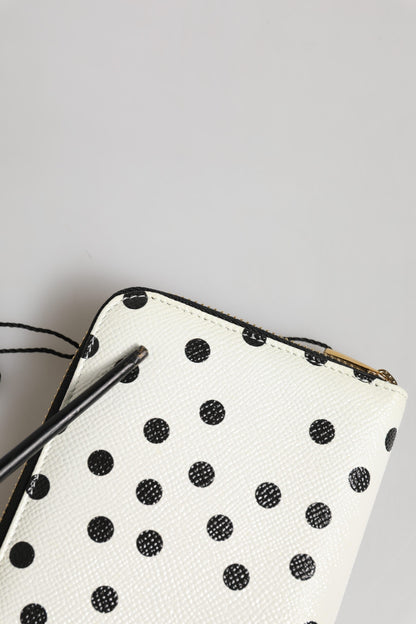 Dolce & Gabbana White Black Dotted Leather Zip Around Continental Wallet