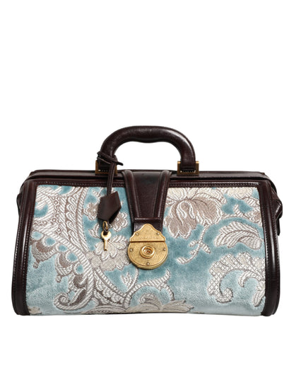 Dolce & Gabbana Blauwe Bruine Leren Bloemen Jacquard Reistas