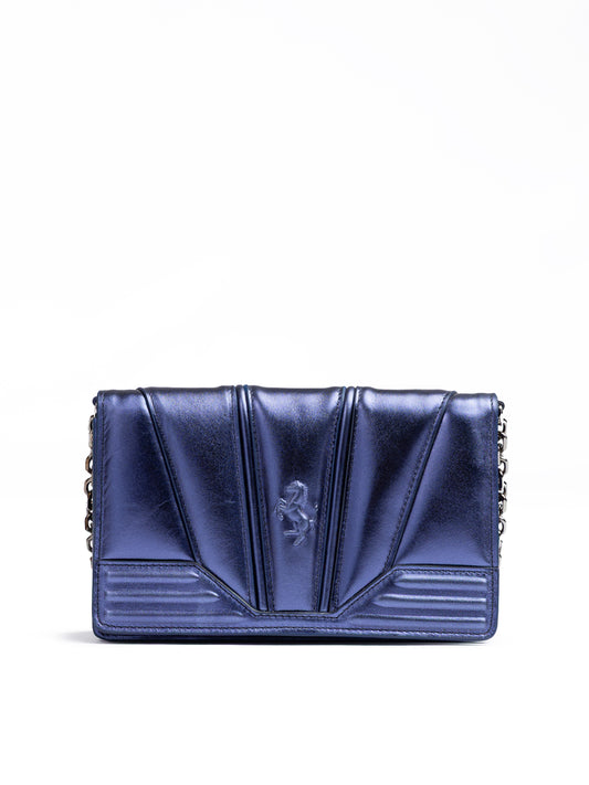 Sac Ferrari Metal bleu GT en cuir verni avec chaîne