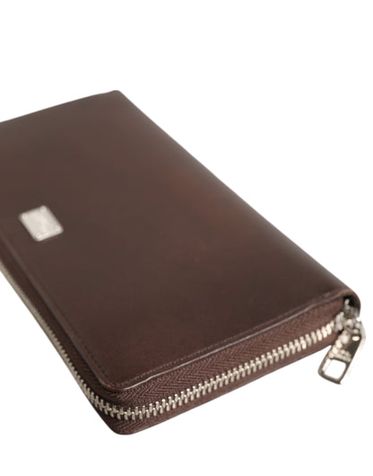 Dolce & Gabbana Brown Calfskin Leather Logo Zip Around Continental Wallet