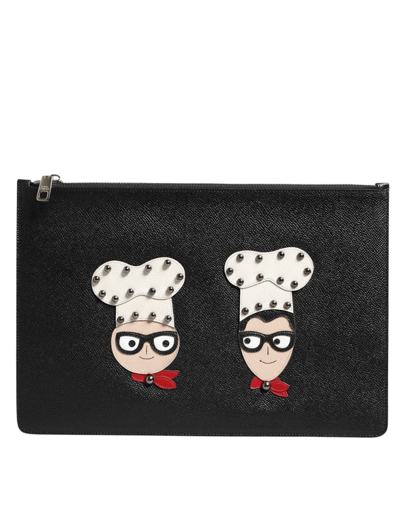 Dolce & Gabbana Zwarte Lederen #DGFAMILY Versierde Heren Clutch Handtas