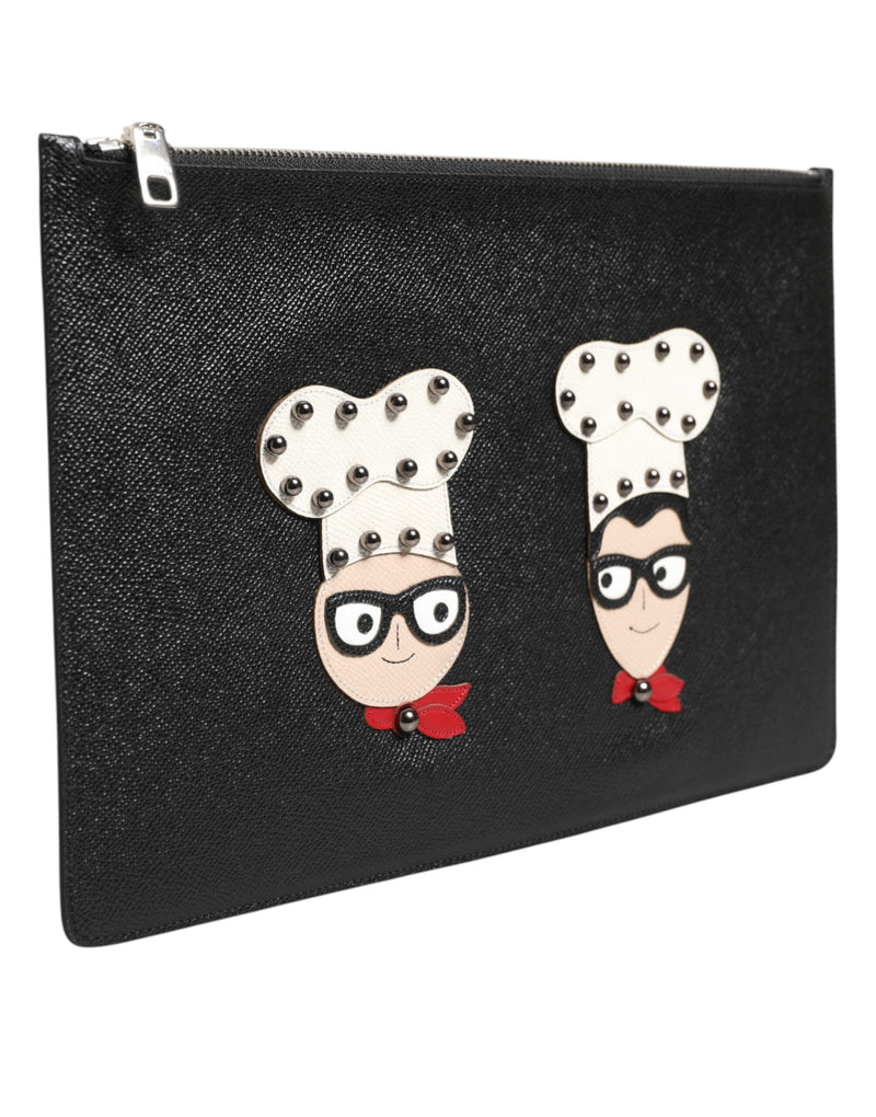 Dolce & Gabbana Zwarte Lederen #DGFAMILY Versierde Heren Clutch Handtas