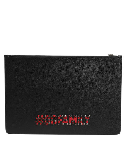 Pochette homme en cuir noir Dolce & Gabbana #DGFAMILY, ornements.