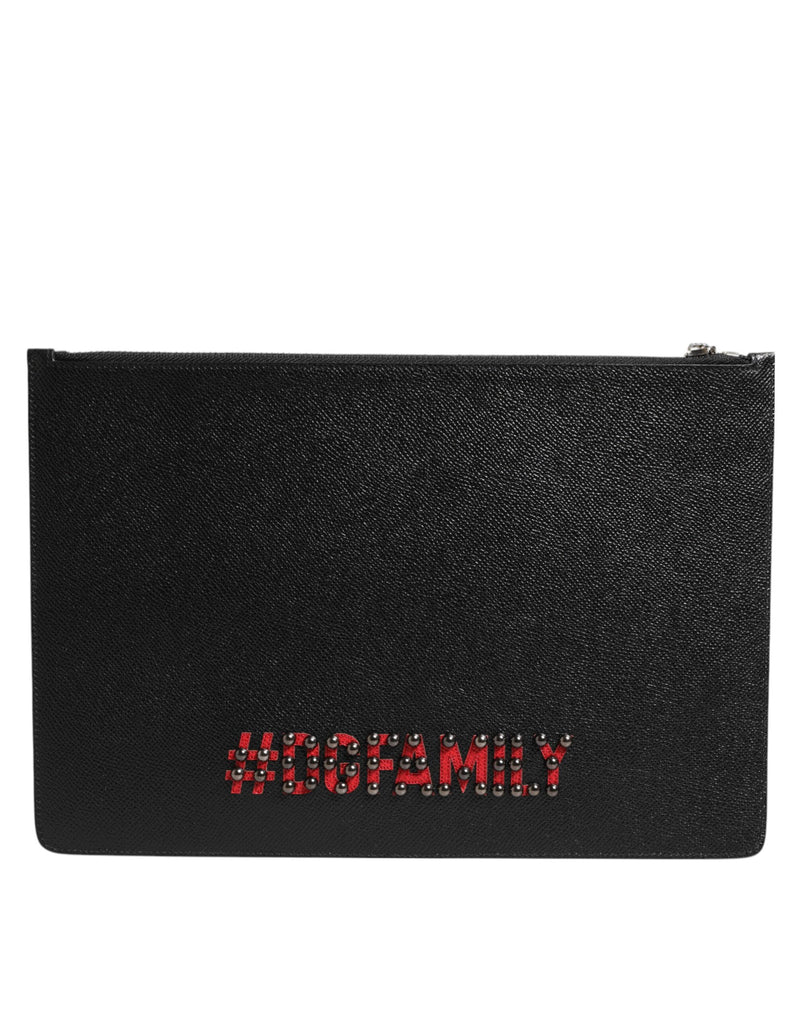 Dolce & Gabbana Zwarte Lederen #DGFAMILY Versierde Heren Clutch Handtas
