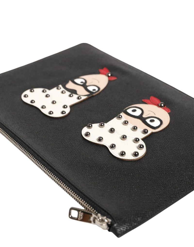 Dolce & Gabbana Zwarte Lederen #DGFAMILY Versierde Heren Clutch Handtas
