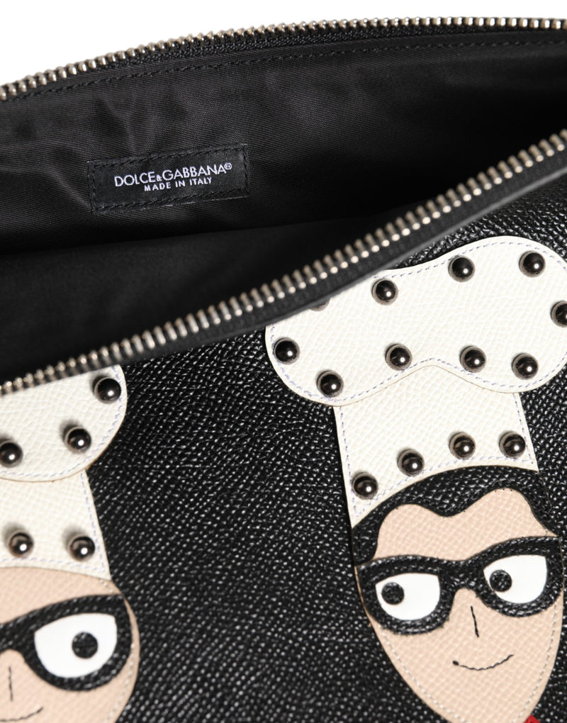 Dolce & Gabbana Zwarte Lederen #DGFAMILY Versierde Heren Clutch Handtas