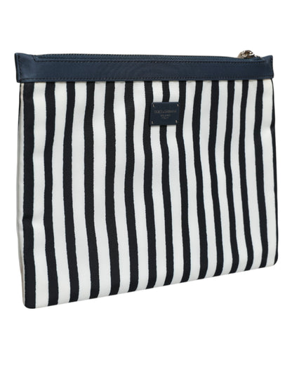 Dolce & Gabbana Black White Striped Logo Plaque Clutch Pouch Bag