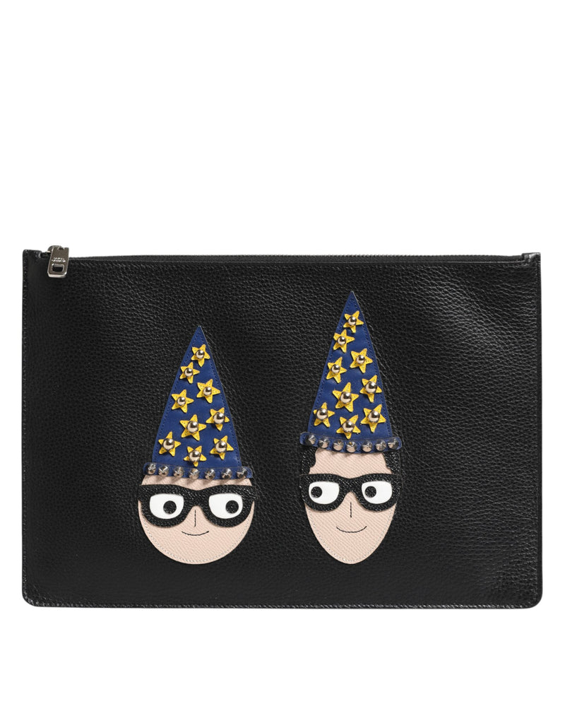 Dolce & Gabbana Zwarte Lederen #DGFAMILY Versierde Heren Clutch Handtas