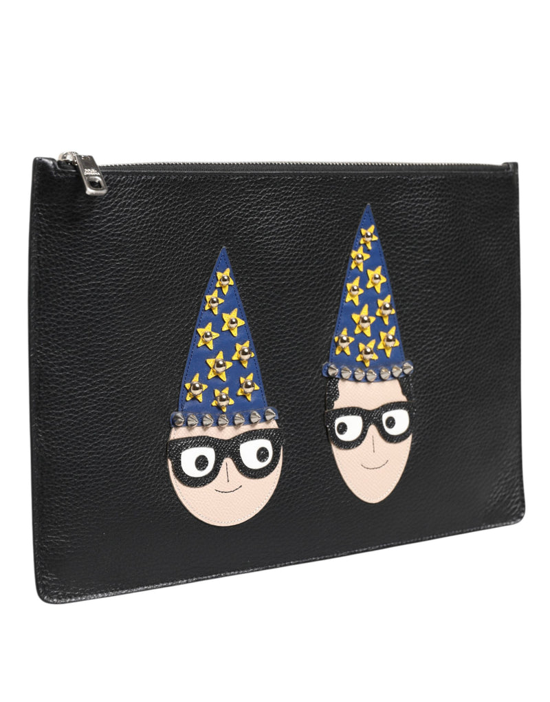 Dolce & Gabbana Zwarte Lederen #DGFAMILY Versierde Heren Clutch Handtas