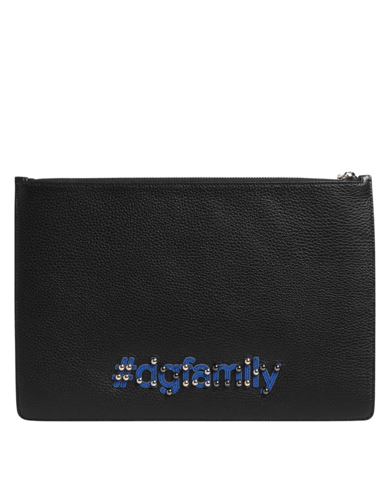 Dolce & Gabbana Zwarte Lederen #DGFAMILY Versierde Heren Clutch Handtas