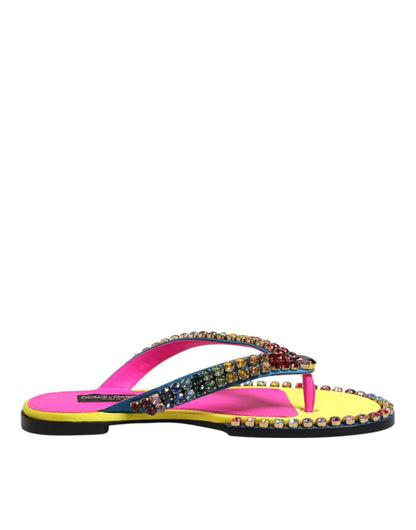 Dolce & Gabbana Multicolor Rhinestone Flip Flop Flat Sandals Shoes