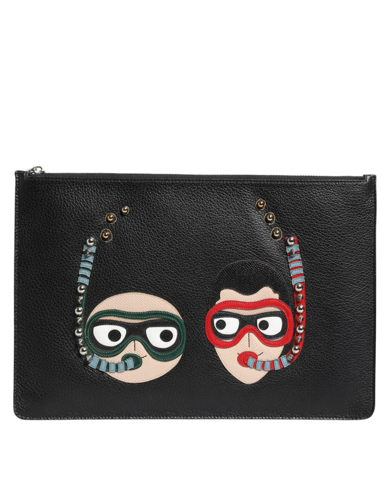 Pochette homme en cuir noir Dolce & Gabbana #DGFAMILY, ornements.