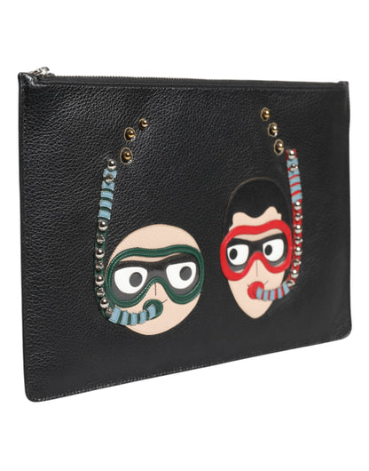 Pochette homme en cuir noir Dolce & Gabbana #DGFAMILY, ornements.