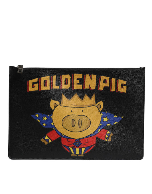 Pochette homme en cuir noir Dolce & Gabbana avec imprimé cochon doré - Sac Borse
