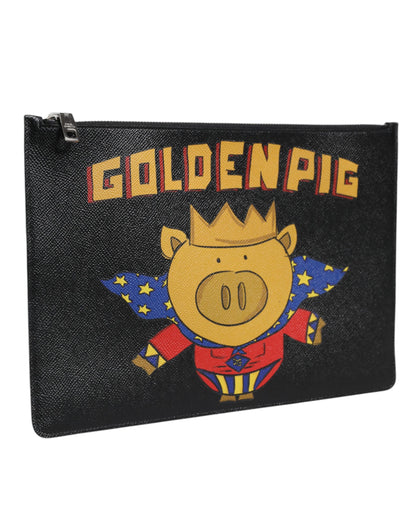 Pochette homme en cuir noir Dolce & Gabbana avec imprimé cochon doré - Sac Borse