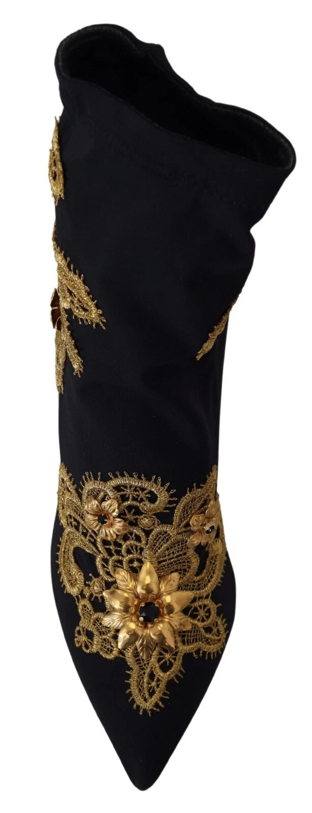 Dolce & Gabbana Black Gold Embroidery Crystal Ankle Boots