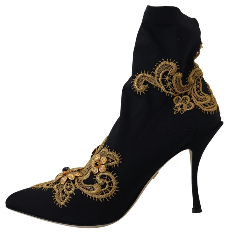 Dolce & Gabbana Black Gold Embroidery Crystal Ankle Boots